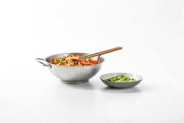 Canvas Print - Asian Noodles in a Silver Bowl with Chopsticks