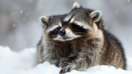 Wall Mural -  A raccoon sits in the snow, gazing sadly at something, its eyes rimmed with snow