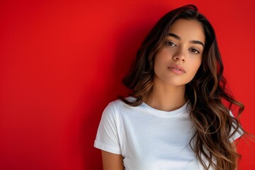 Wall Mural - young Latina woman with long wavy hair, wearing a white blank t-shirt, against a bright red background, studio shot