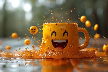 Wall Mural - 3D rendering of some emojis falling into a yellow mug with the Snapchat logo.