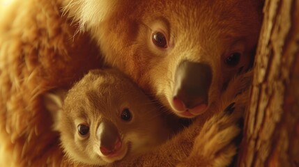 Wall Mural -  A mother koala cradles her two babies in the shade of her tree She supports one baby's head, turning it towards the other for a heartfelt gaze