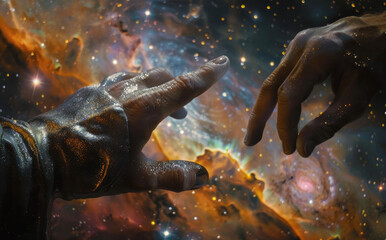 Wall Mural - Closeup of Jesus hand reaching out to touch a human finger, with galaxies and stars in the background