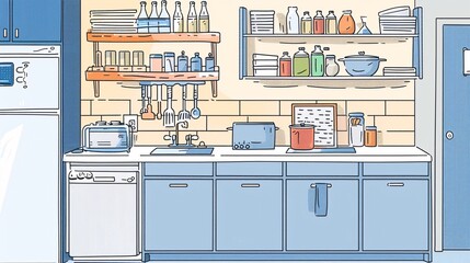 A simple 2D outline of a safe and hygienic kitchen environment, showing a well-organized space with labeled containers and clean surfaces