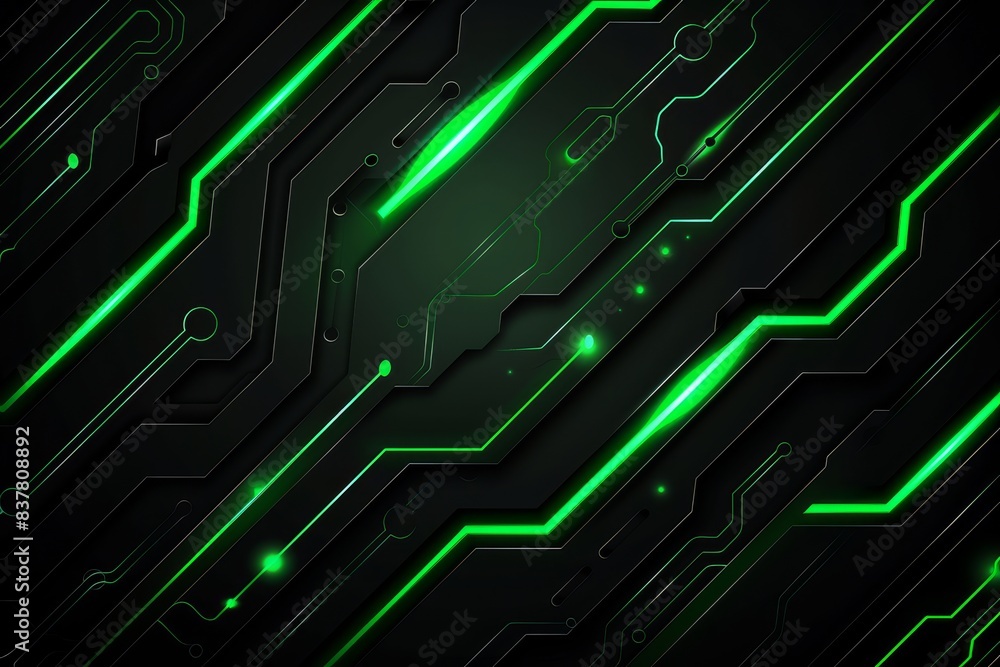 Futuristic green and black circuit board with glowing lines and dots ...