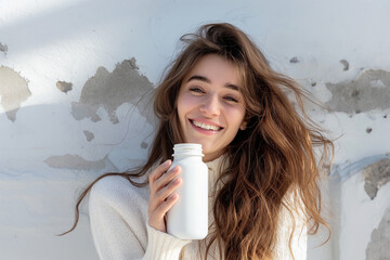 Wall Mural - A woman with long brown hair is smiling and holding a jar