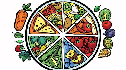 Wall Mural - A 2D outline graphic of a clean eating plate, featuring a portioned layout with proteins, grains, vegetables, and fruits, each section clearly labeled