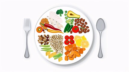 A 2D outline graphic of a clean eating plate, featuring a portioned layout with proteins, grains, vegetables, and fruits, each section clearly labeled