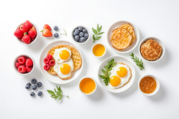 Wall Mural - Breakfast with waffles, eggs, berries, and honey