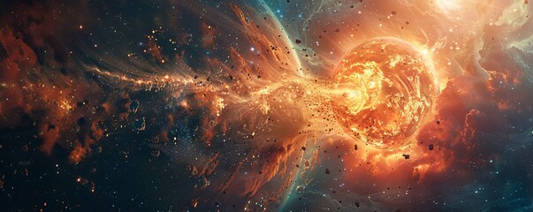 Wall Mural - a large planet in the universe is destroyed. an explosion from the inside out as a man watches from 