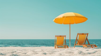 Wall Mural -  Two beach chairs and an umbrella on a sandy beach, with the ocean as the backdrop and a bright blue sky overhead, signify a sunny day