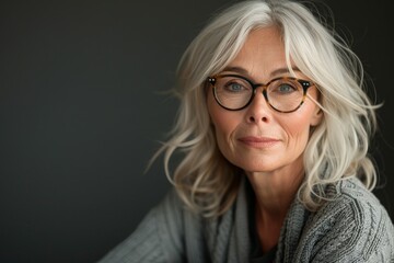 Wall Mural - Woman with blonde hair wearing glasses and grey sweater looking at camera