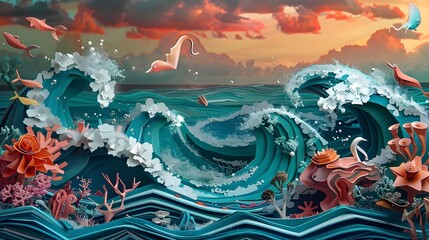 Vibrant Papercraft Ocean Scene with Mesmerizing Waves and Aquatic Creatures