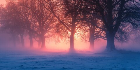Wall Mural - Winter Trees Silhouetted in Pink and Blue Mist. Atmospheric, Snow covered Woodland scene.