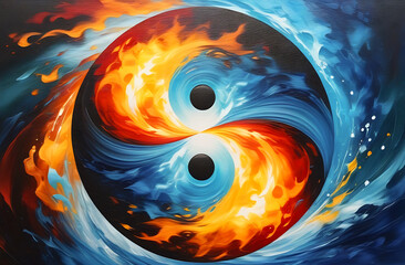 Wall Mural - elements of fire and water embodied, depicting the balance of yin and yang, abstract art style