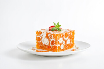 Wall Mural - Orange Jelly Dessert with Whipped Cream and Strawberries on a White Plate