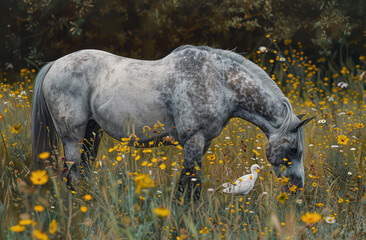 Wall Mural - A gray horse with its head down, grazing in the grassland, and an white bird perched on top of it's back