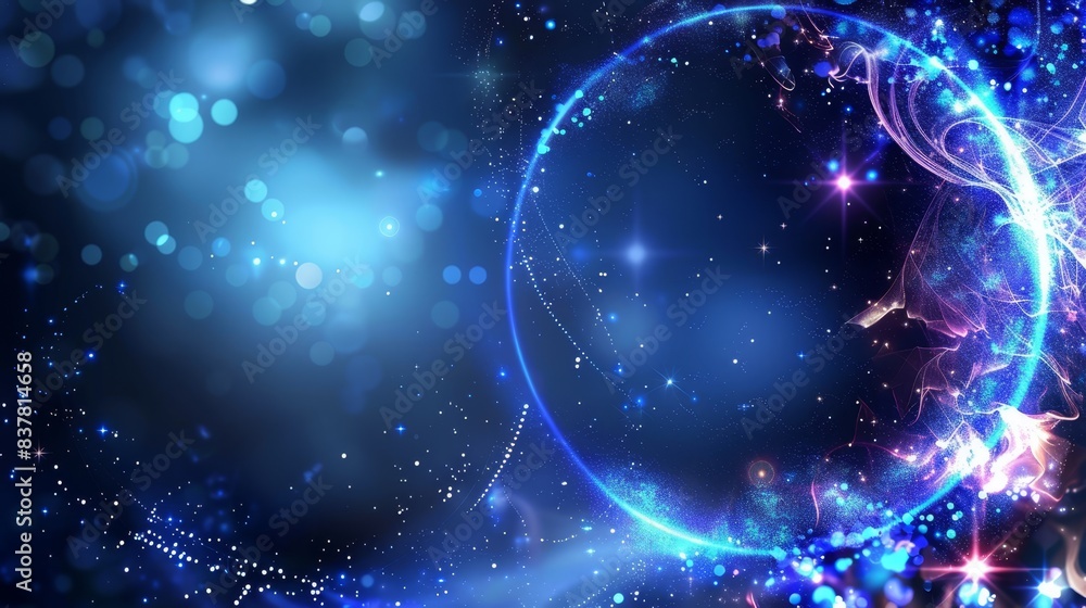 A blue and black background with stars and a circular object in the ...
