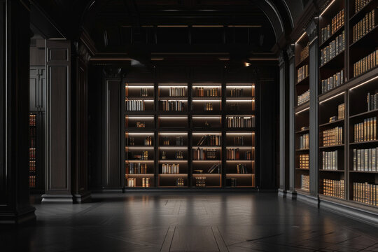 Dark minimalist library interior with light.