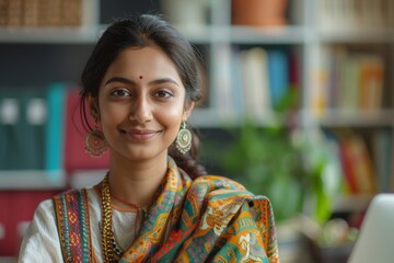 Happy woman in sari at laptop