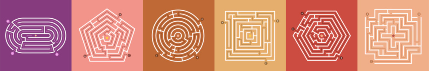 Maze set. Labyrinth games, path puzzles with entrance, exit. Map conundrum, right route search challenge. Kids riddle, confused lines, rebus designs for finding direction. Flat vector illustration