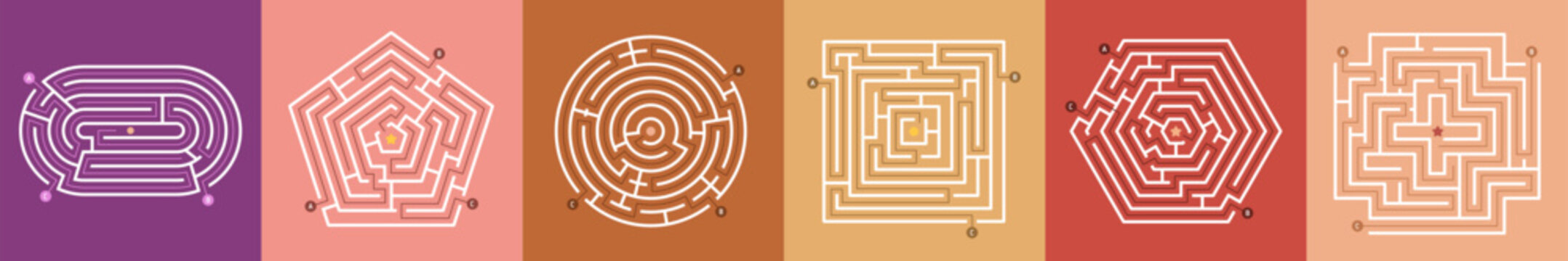 Maze set. Labyrinth games, path puzzles with entrance, exit. Map conundrum, right route search challenge. Kids riddle, confused lines, rebus designs for finding direction. Flat vector illustration