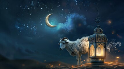 Eid mubarak background with traditional ramadan lantern lamp, crescent moon, and goat - celebrating eid al adha