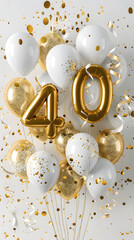 Wall Mural - Golden foil number 40 balloon birthday design with balloons, party favors, ribbons, confetti and glitter