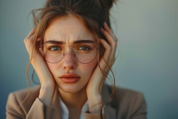 Wall Mural - Messy bun blond woman in glasses