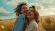 © road to millionaire - Two women laughing warmly in an open field at sunset, showcasing the joy of friendship