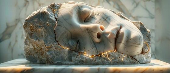 Wall Mural - A weathered, cracked marble sculpture of a human face lying on a marble surface, bathed in soft, ethereal light.