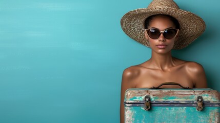 A woman in a straw hat and sunglasses holds a luggage piece before her, donning both accessories again atop her head against a blue backdrop