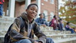 © seogi - A teenage black male middle school student with short hair carrying a backpack is sitting on the outdoor steps of the school and smiling at the camera.