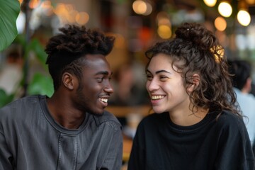 Poster - Couple smiling, seated at restaurant table with background plant