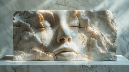 Wall Mural - Close-up of a serene face carved in stone, bathed in gentle light, showcasing the beauty of sculptural artistry.