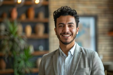 Wall Mural - Man in gray jacket and white shirt smiles indoors