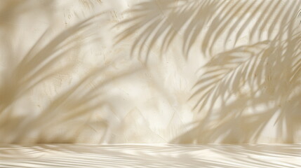 Wall Mural - The shadow of palm tree leaves illuminated by sunlight is cast on a white wall and floor. A shaded style summer, leisure, vacation background. Studio background for advertising shoots.