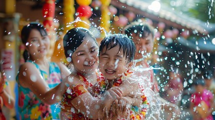 Thai family participating in a Songkran water festival