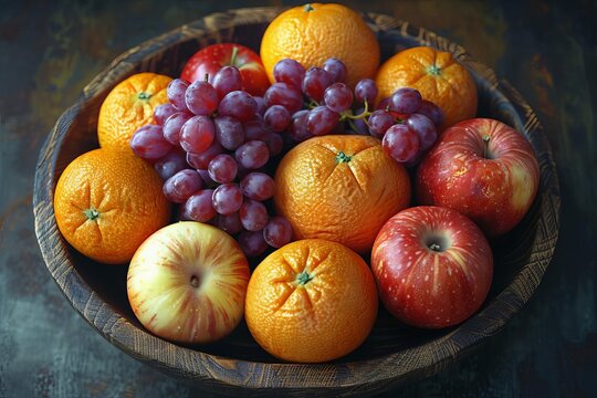 A rustic bowl filled with a variety of fresh fruits including apples, grapes, and oranges, ideal for a healthy lifestyle and diet concept.