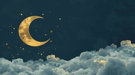 Wall Mural - Gold half moon against dark cloudy blue background with ramadan kareem greeting card text, celebratory eid mubarak and eid al adha horizontal banner with copy space, holiday-themed cartoon design