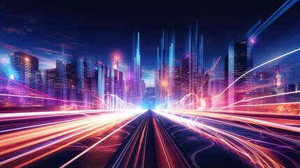 Poster - Neon Lights Speeding Through Futuristic City