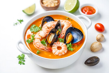 Poster - Close-up of a Bowl of Seafood Soup with Shrimp and Mussels