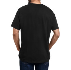 Wall Mural - Man in black t-shirt on white background, back view
