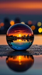 Wall Mural - Vertical footage featuring a glass ball with a reflection of a blurred sunset city lights in it on a reflective surface with a blurry background.