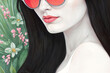 ©  ccitypictures - A woman with sleek black hair stands against a backdrop of lush green foliage and delicate pink flowers. She wears red sunglasses that match her lipstick, adding a pop of color to the serene setting.