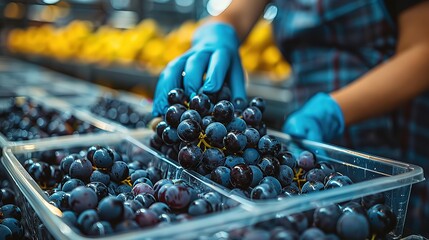 black grape fruit in a plastic box, a close-up of the hands workers wearing gloves sorting the fruits inside the factory, delicious fresh fruits, a beneficial diet, healthy meals of high value