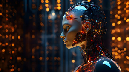 Wall Mural - AI at work in a data center, symbolized by a futuristic female humanoid robot with wires exposed & glowing streams of data flowing inside her head & in the background. Profile view with copy space.