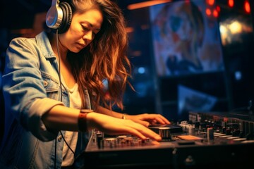 stylish female dj playing using turntable in nightclub