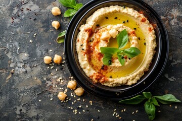 Delicious hummus served with olive oil, from above. Middle eastern and Mediterranean traditional snack or appetizer, light and healthy dip for bread, top view .