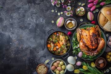 Wall Mural - Easter food on dark rustic table: pastel colored eggs, roasted chicken and vegetables, buns and spring flowers tulips top view flay lay, Easter family dinner meal with festive dishes, space for text