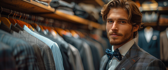 Well-dressed man in a suit, standing confidently in a stylish clothing store surrounded by racks of suits. Perfect for fashion, style, and elegance themes